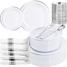 210 Piece Silver Plastic Dinnerware Set for 30 Guests Plastic Plates for Party