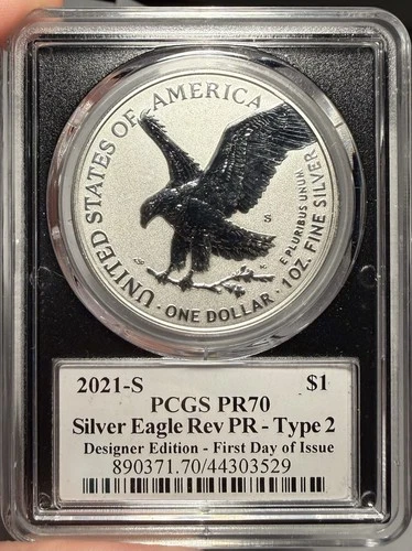 2021-S $1 PCGS Reverse PR 70 Type 2 American Silver Eagle - Damstra Signature