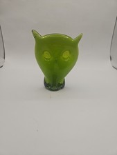 Vintage Viking Glass Avocado Green Owl Figurine Paperweight 4" Tall MCM