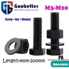 Plastic Hex Hexagon Head Bolts Black Nylon Machine Screws + Nuts + Washers Set