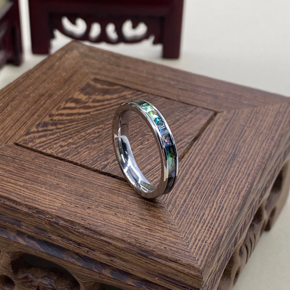 Anillo de boda de acero inoxidable con carcasa de abulón genuino de plata de 4 mm bueno para regalo Foto 2 de 4