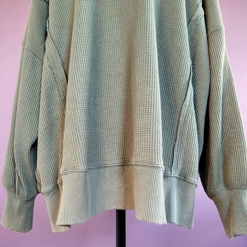S American Eagle Washed Green Big Hug Waffle Distressed Oversized Crew Pullover - Picture 12 of 15
