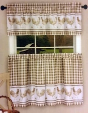 3 pc Kitchen Printed Curtains Set, (58x14)&(58x36) ROOSTERS BARNYARD,TAUPE,Achim