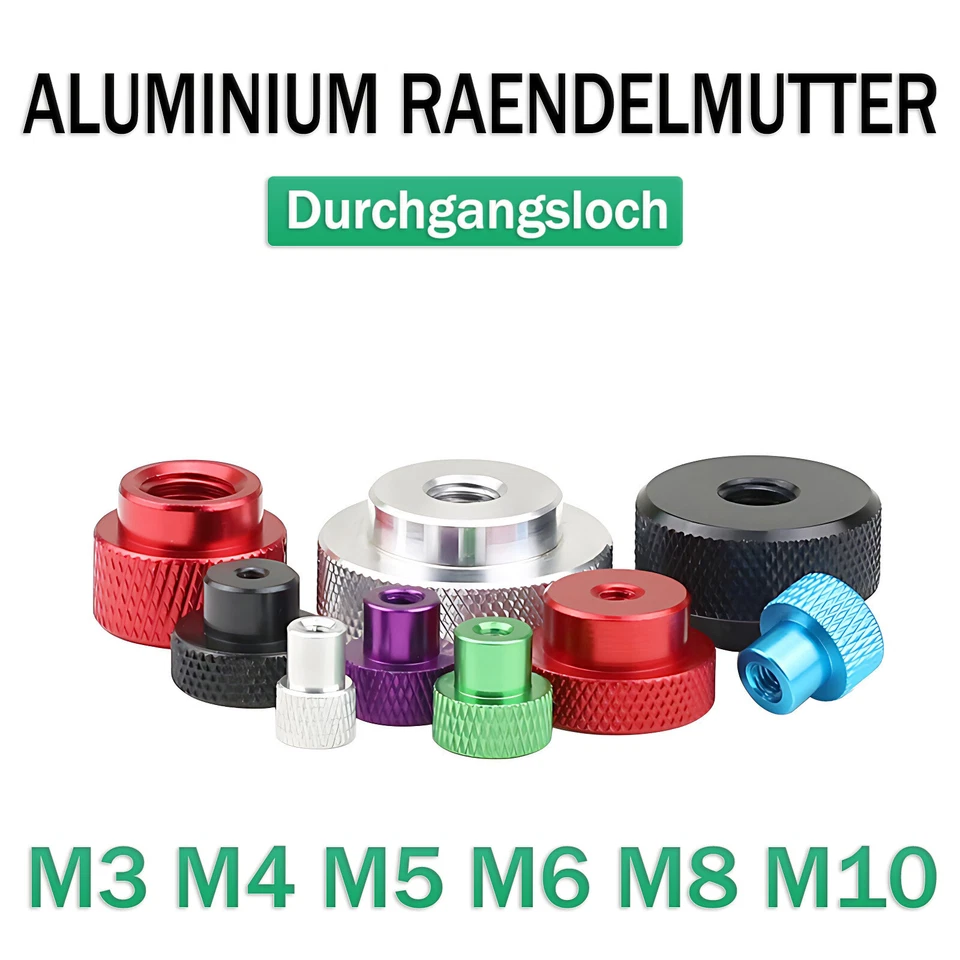 M3 M4 M5 M6 M8 M10 Rändelmutter Durchgangsloch Mutter Aluminium Raendelmutter