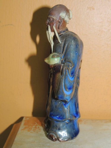 Chinese Mud Man Men 4.25" Blue & Brown fruit Mudman Antique staff flambe drip - Picture 2 of 12