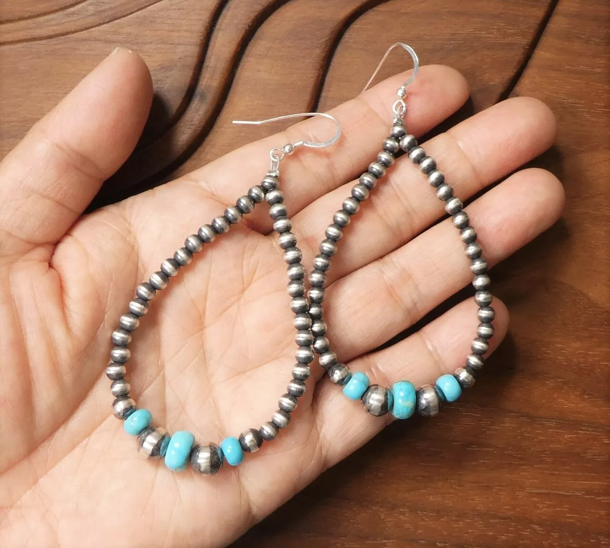 Native American Sterling Silver Turquoise Bead Navajo Pearl Large Hoop Earrings