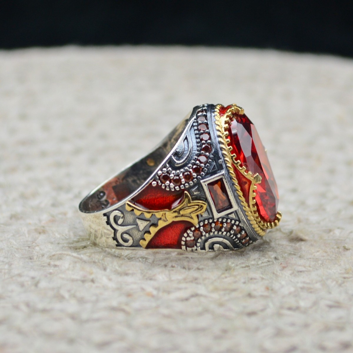 Men's Solid Sterling Silver Ring With Red Garnet - Vintage Turkish Style Luxury Band
