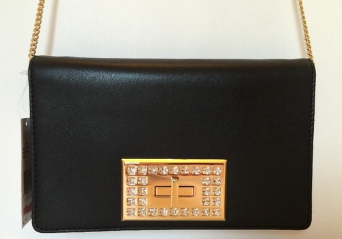 Michael Kors Ellie Medium Clutch Bag Black Genuine Leather Gold Hardware - Picture 2 of 9