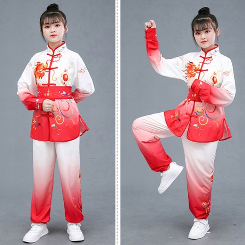 Girls Boys Outfit Top Pants Set Stage Training Set Chinese Style Dragon Pattern - Picture 9 of 16