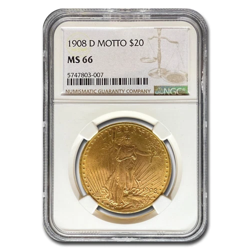 1908-D $20 St Gaudens Gold Double Eagle w/Motto MS-66 NGC