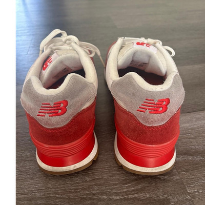 New Balance 574 Red Gray White Suede Mesh Men's Lace Up Athletic Sneakers