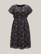 Chiffon Floral Print Ruffled Midi Dress with Pockets