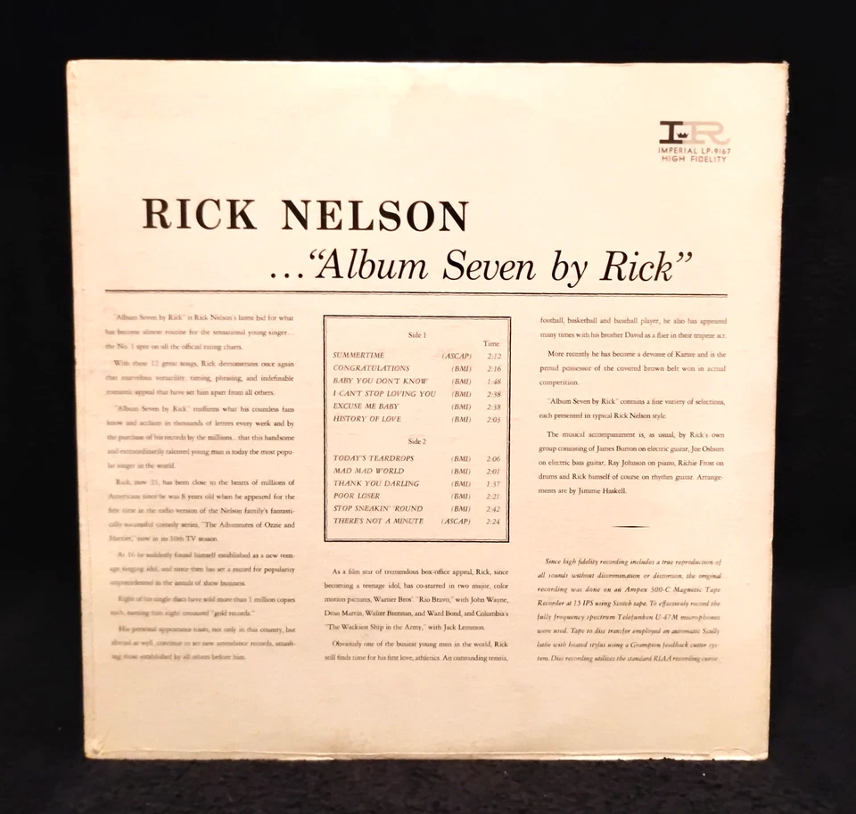 (NEW)  RICK NELSON  "ALBUM SEVEN"  (RARE VINYL / 1ST MONO RL-1962) - Image 3 of 4