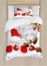 Premium Twin Duvet Cover Set  Sham Peeping Santa  Reindeer 100 Microfiber NIB