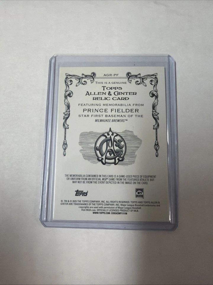 2025 Topps Allen And Ginter Prince Fielder Relic Card - Image 2 of 2