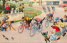 ALFRED MAINZER SWITZERLAND POSTCARD: DRESSED CATS - STREET BIKE RACE FUN #4760