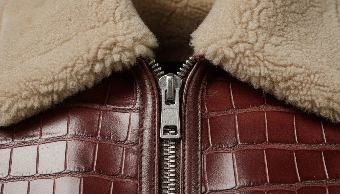 Men,s Real Crocodile Embossed Leather Jacket Shearling Collar Bomber Coat Brown. image 12