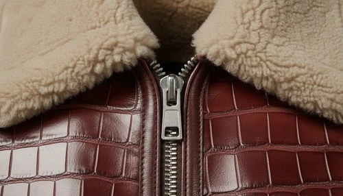 Men,s Real Crocodile Embossed Leather Jacket Shearling Collar Bomber Coat Brown. image 12