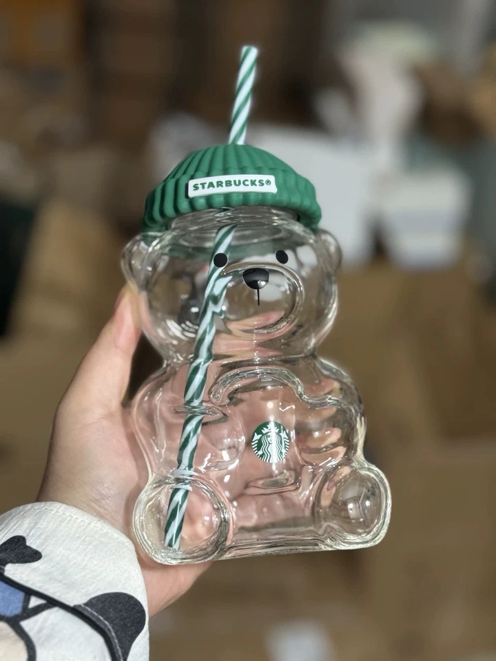 Taza de oso de vidrio Starbucks de 20 oz con pajita lindo vaso transparente con sombrero Foto 2 de 2
