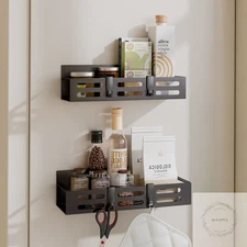 2 Pack Magnetic Spice Rack for Refrigerator, Black Magnetic Shelf and Fridge Kit