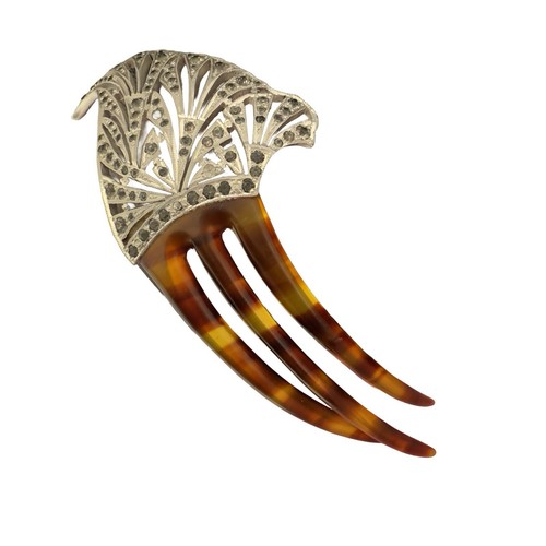 Antique VICTORIAN 🖤 Hair Comb 🖤 Art Deco Silver Aluminum Celluloid Tortoise - Picture 2 of 14