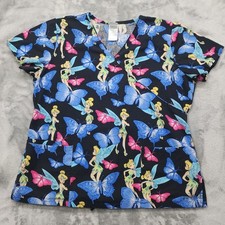 Disney Scrub Top Womens M Black Blue Pink Butterfly Tink Tinkerbell Mock Wrap