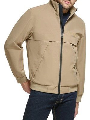 TOMMY HILFIGER Bomber Jacket Mens Large Tan Tech Water Wind Resistant Logo $175