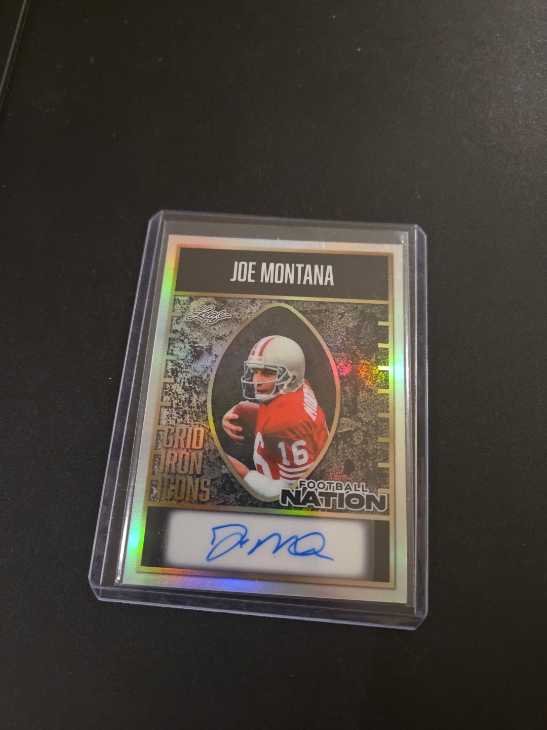2025 Leaf Football Nation Joe Montana Auto 1/1 Grid Iron Icons Silver Refractor view 2