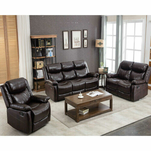 Recliner Sofa Leather 3 seat Manual Reclining Sofa Set Loveseat Reclining Couch Image