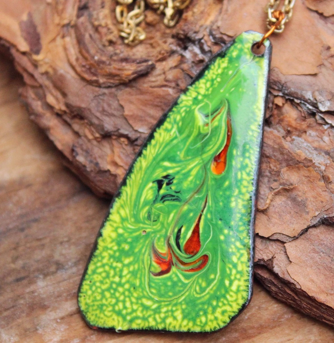 Vintage Enamel Necklace 60s 70s Green Costume Jewellery Retro Jewelry Pendant