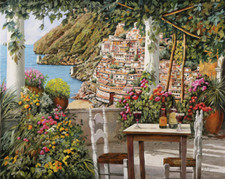 dinner wine from Positano Italy terrace garden ceramic tile mural backsplash
