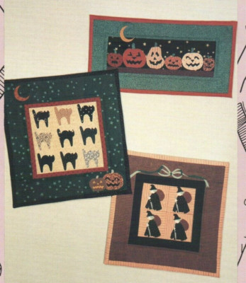 Boo 3 Mini Wall Quilts Halloween Black Cats Pumpkins Pattern Primitive Folk Art