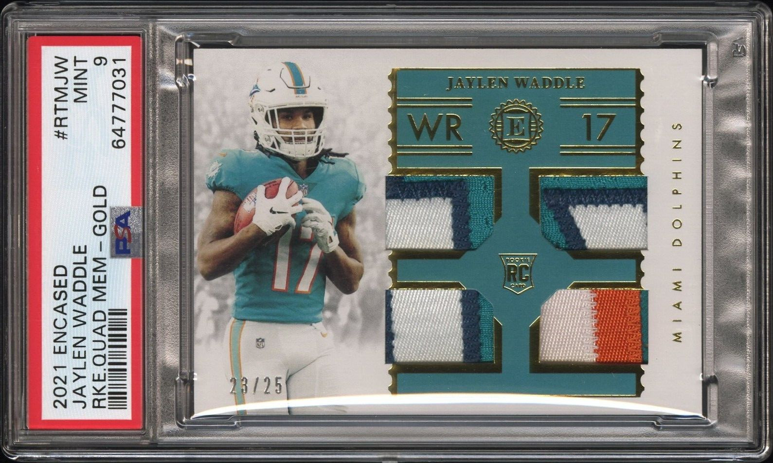 Jaylen Waddle Panini Encased Rookie Quad Memorabilia #RTMJW Gold