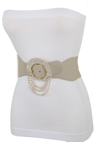 Women Elastic Beige Fashion Wide Waisted Belt Sexy Gold Round Hot Buckle Fit S M - Picture 13 of 19