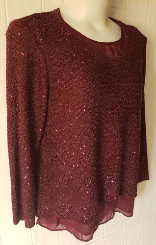 Apt 9 Woman 2X Burgundy Pullover Sweater Long Sleeve Layered Sequined Dressy - 第 2/5 張圖片