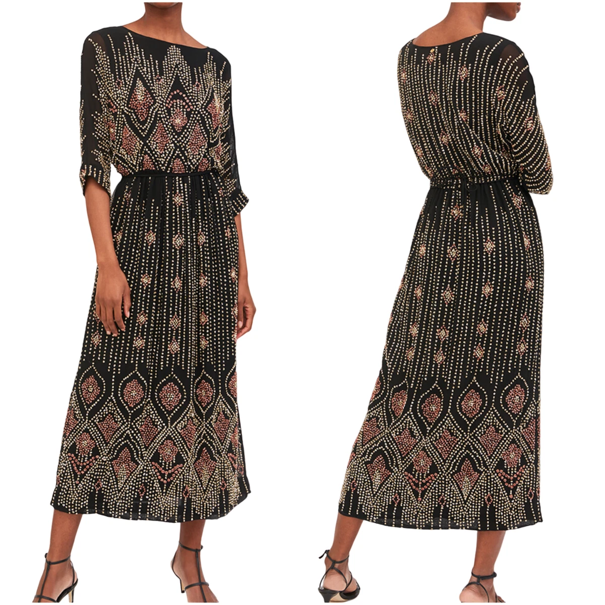 Antik Batik Emilie Embellished Chiffon Maxi Dress black XS 36 beaded Free People