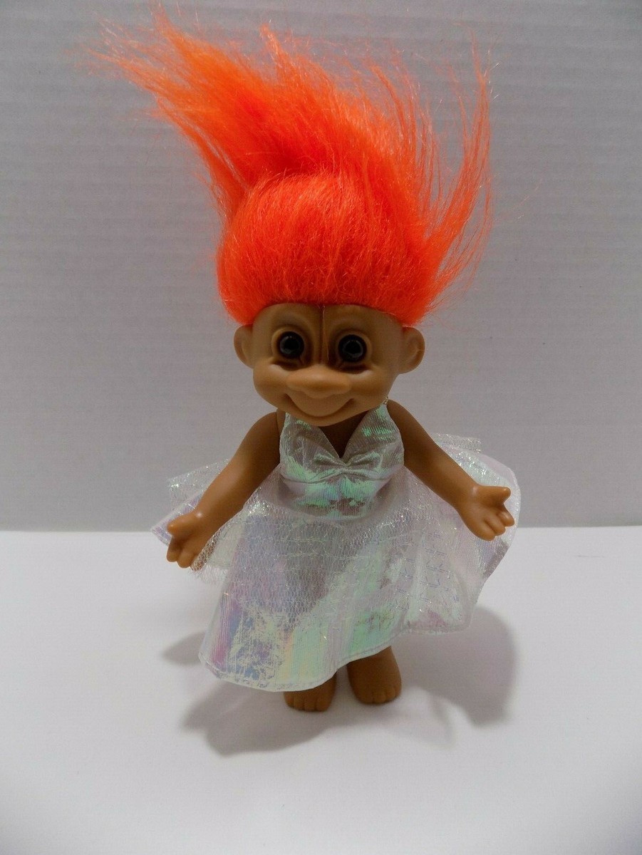 Russ Troll Doll w Orange Hair White Shiny Dress Movable Head Arms Legs