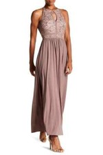 Sz 10 TAUPE Formal Keyhole Gown Tie-Back Halter Sequin Lace Morgan Co