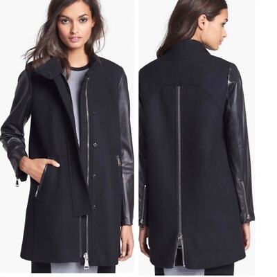 Milly Lamb Leather Sleeved & Wool Swing Jacket Black Size 8 with Accent Zipper