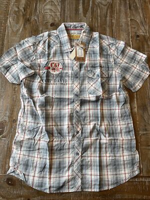 Men s NWT $80 Camp David  Sz: S Embroidered S/S Shirt Flag Cotton Blue Plaid