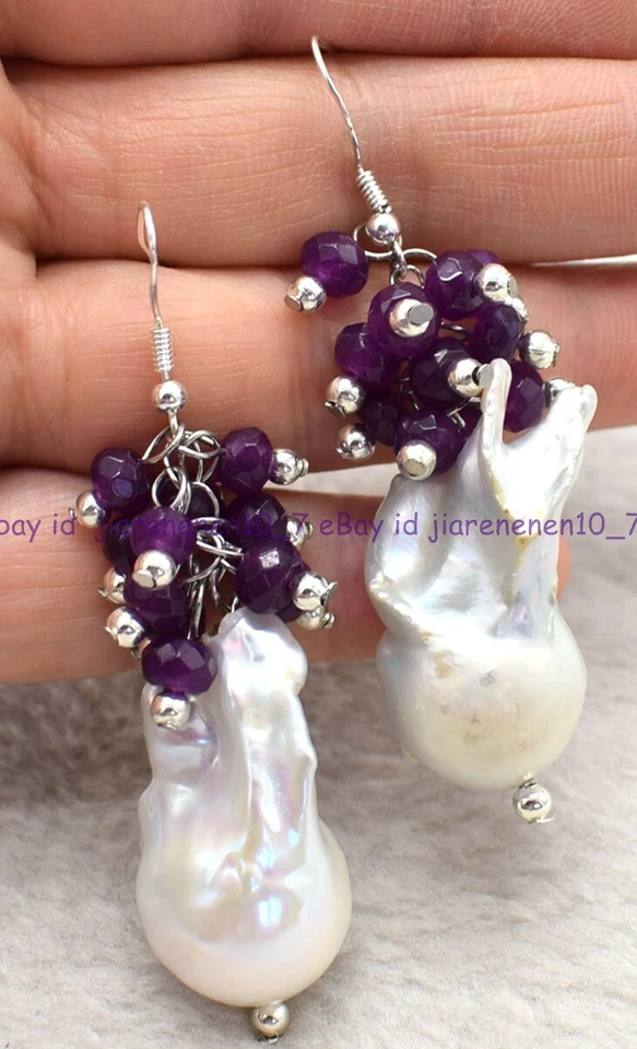 Noble 4x6mm Multicolor Rondelle Gems & White Baroque Pearl Silver Hook Earrings - Image 4 of 4