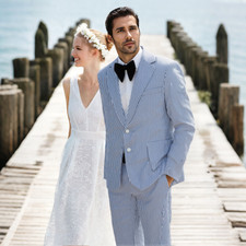 Men's Blue Striped Seersucker Suit Single Breasted Notch Lapel for Groom Wedding