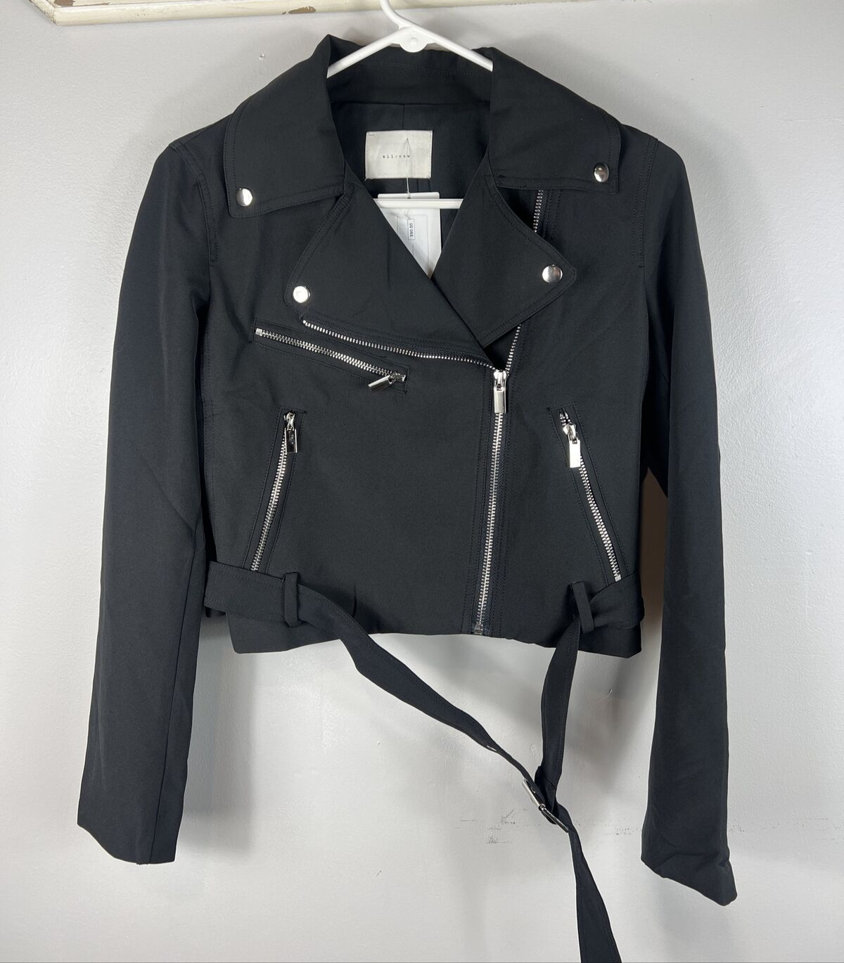 FILA Giacca Nera Nuova Con Etichette In Finta Pelle Argento Cerniere & Fibbie Biker Moto Small