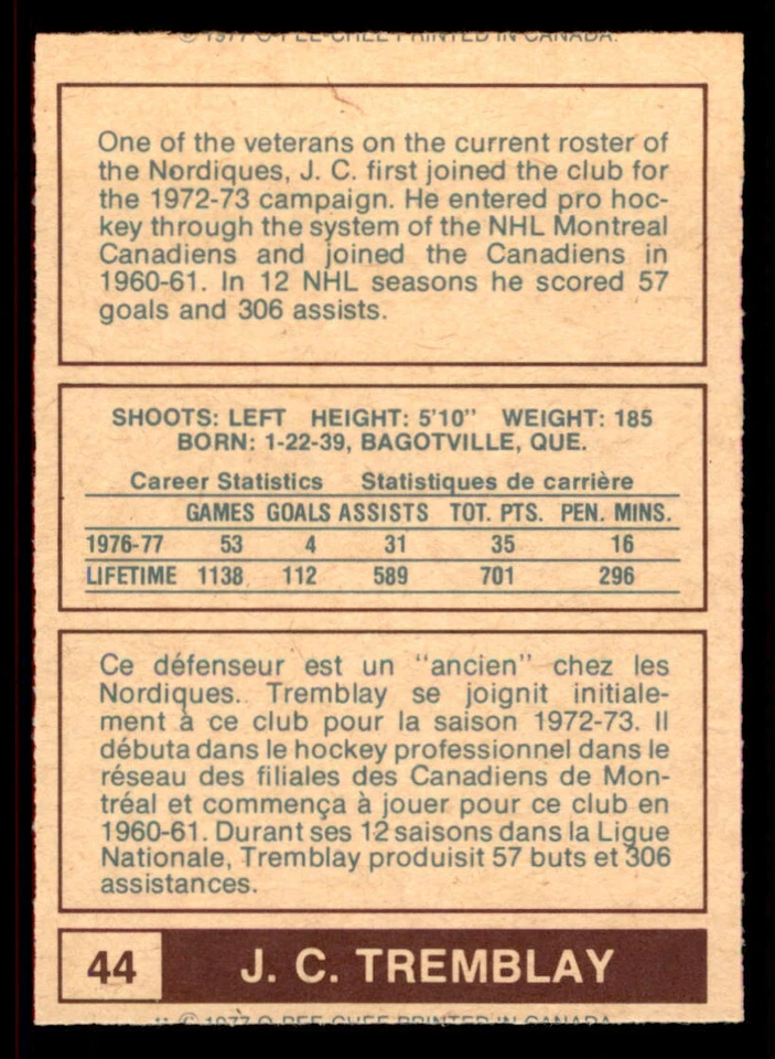 1977-78 O-Pee-Chee WHA #44 J.C. Tremblay - Image 2 of 2