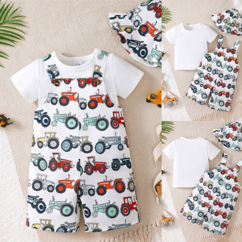 Toddler Baby Boys T Shirt Tops Printed Dungarees Jumpsuit Hat Clothes Outfit Set