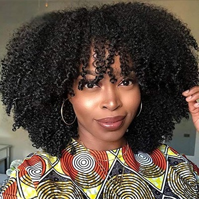 Afro Kinky Curly Wig With Bangs Machine Made Brazilian Short Curly Human Hairwig