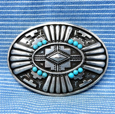 Native Southwestern Concho Design Belt Buckle Faux Turquoise Patina Vtg .CPA667