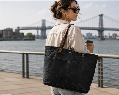 Beach Canvas Tote Bag Leather Handles Large Travel Work Shoulder Shopper Black
