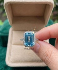 Emerald Cut Aquamarine Ring 925 Sterling Silver Vintage Engagement Ring.