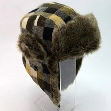D&Y Trapper Hat W/ Ear Flaps Faux Fur Trim Brown Plaid Winter Cap Buckle 